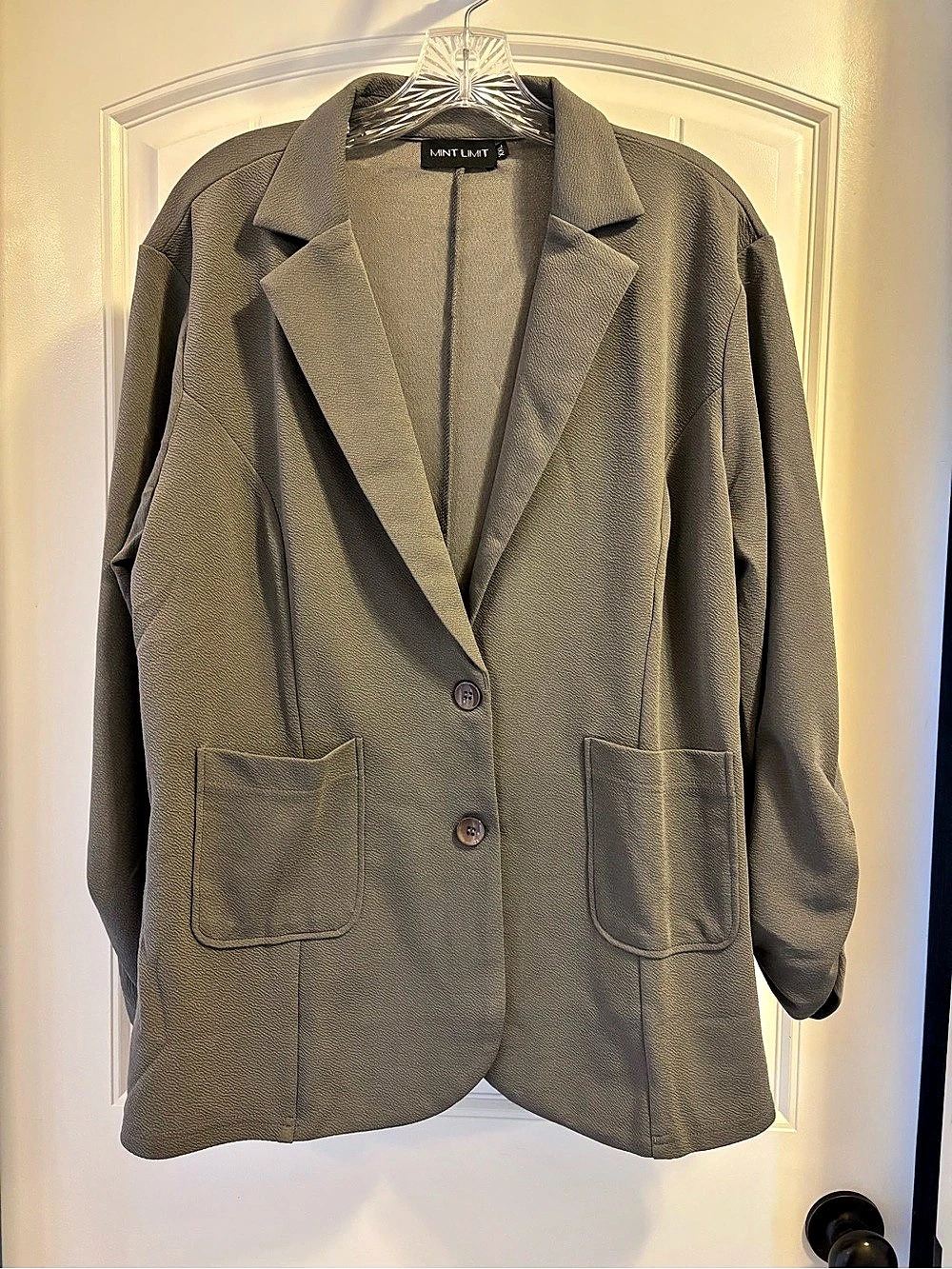 Mint Limit Women's Casual Notch Lapel 3/4 Ruched Sleeve Open Front Blazer Jacket